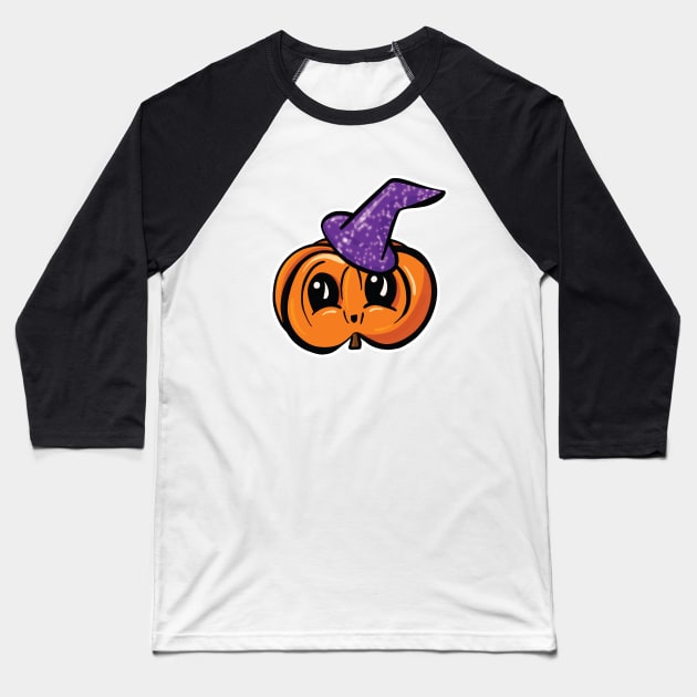 Cute Halloween Pumpkin With Witches Hat Cartoon Baseball T-Shirt by Squeeb Creative